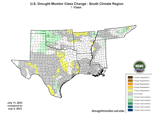 U.S Drought Monitor Class Change Map for Southern Climate Region, Valid July 11th