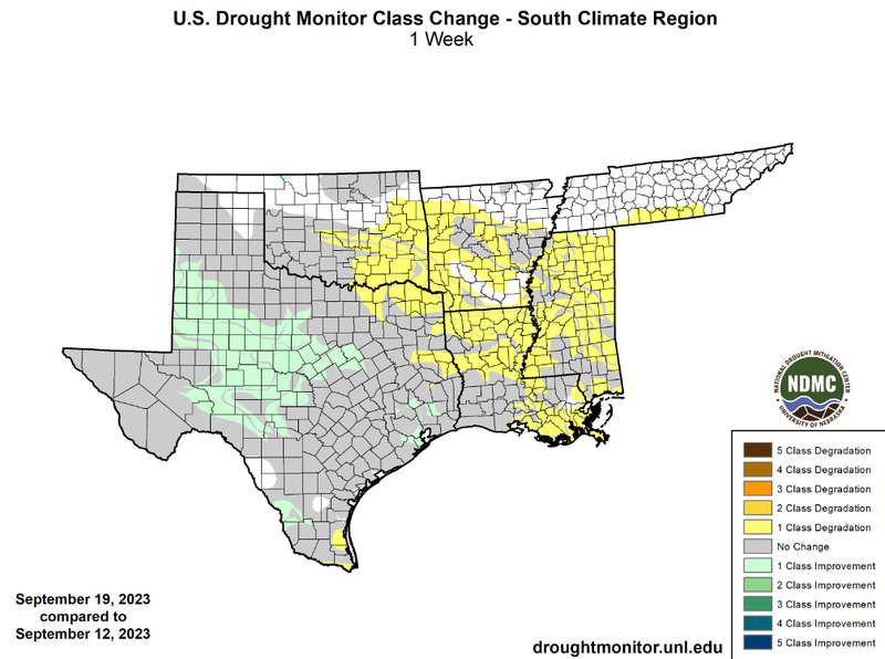 U.S Drought Monitor Class Change Map for Southern Climate Region, Valid September 19th