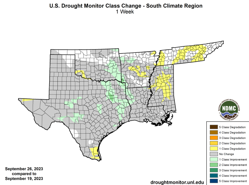 U.S Drought Monitor Class Change Map for Southern Climate Region, Valid September 28th