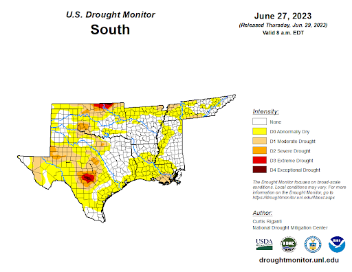U.S Drought Monitor for the Southern Climate Region, Valid June 27th