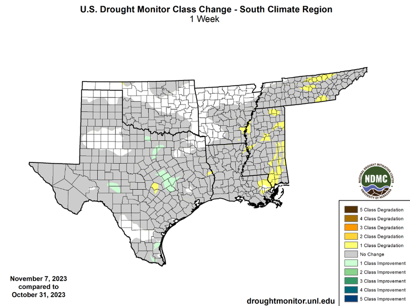 U.S Drought Monitor Class Change Map for Southern Climate Region, Valid November 7th