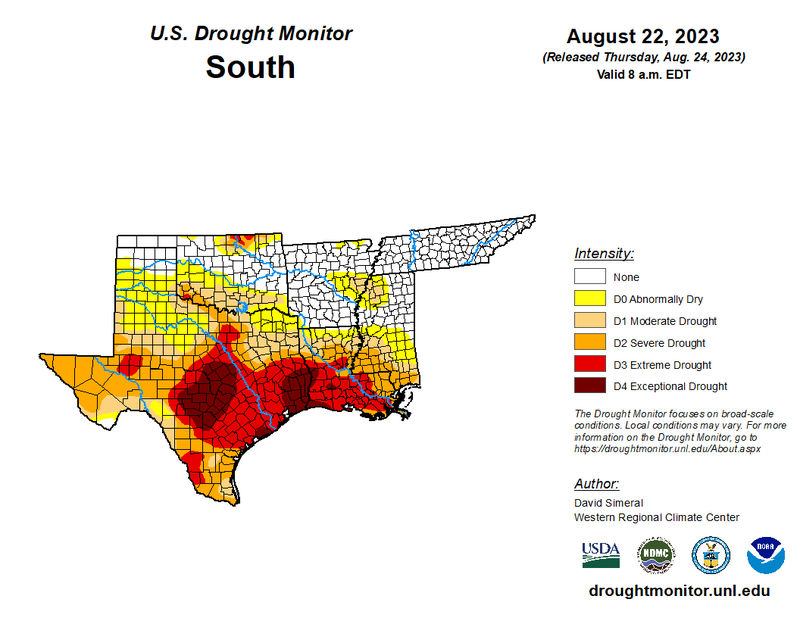 U.S Drought Monitor for the Southern Climate Region, Valid August 22nd