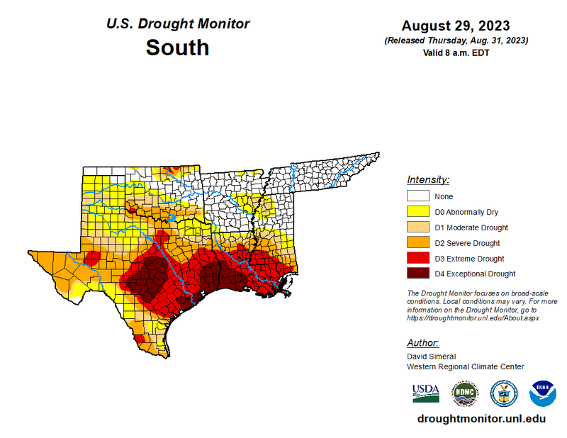 U.S Drought Monitor for the Southern Climate Region, Valid August 29th