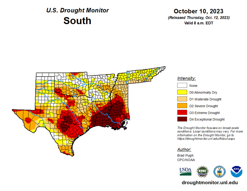 U.S Drought Monitor for the Southern Climate Region, Valid October 10th