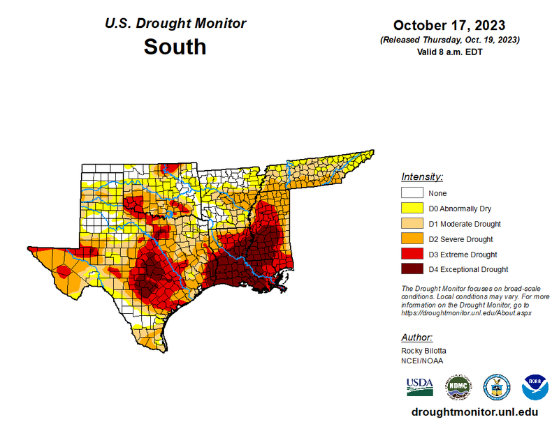 U.S Drought Monitor for the Southern Climate Region, Valid October 17th