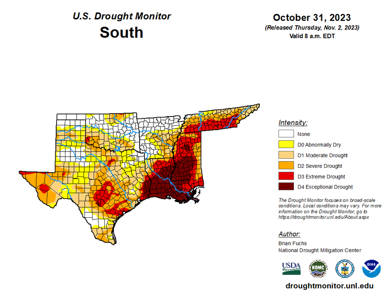 U.S Drought Monitor for the Southern Climate Region, Valid October 31st