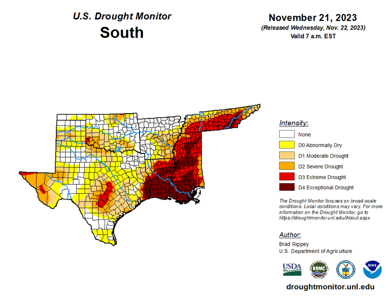 U.S Drought Monitor for the Southern Climate Region, Valid November 21st