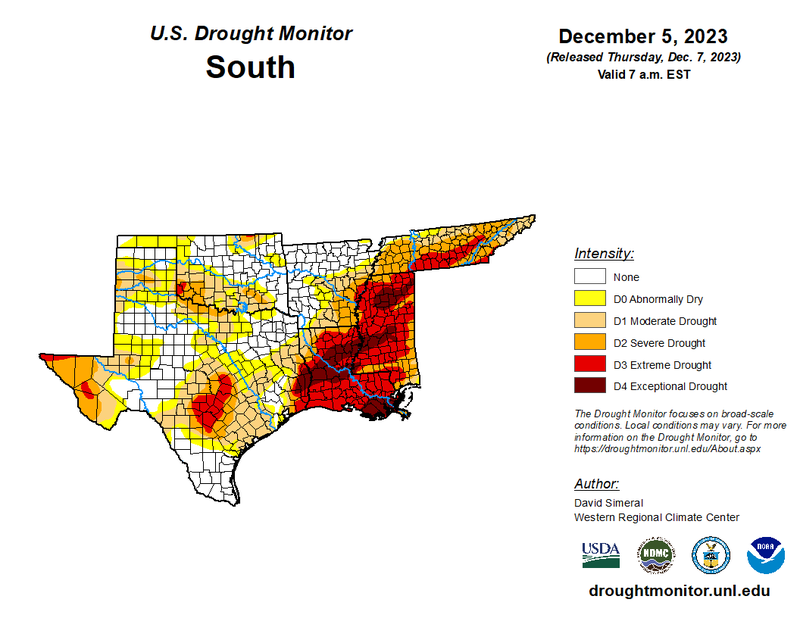 U.S Drought Monitor for the Southern Climate Region, Valid December 5th