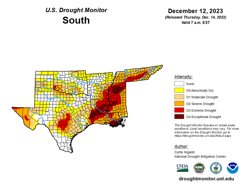 U.S Drought Monitor for the Southern Climate Region, Valid December 12th
