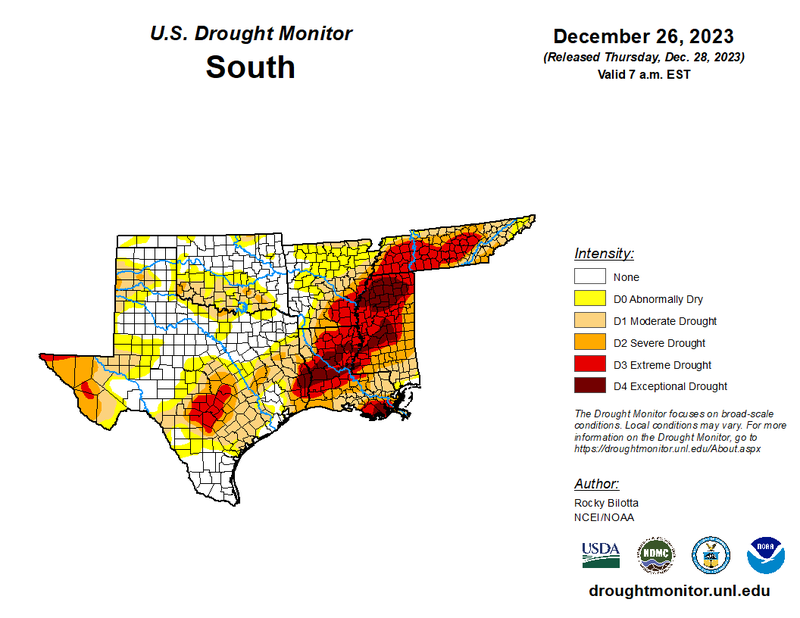 U.S Drought Monitor for the Southern Climate Region, Valid December 26th