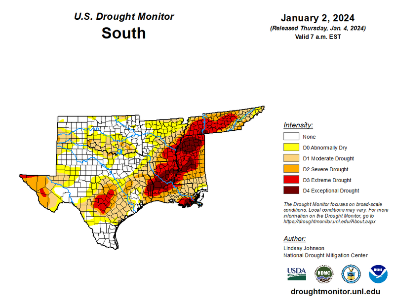 U.S Drought Monitor for the Southern Climate Region, Valid January 2nd
