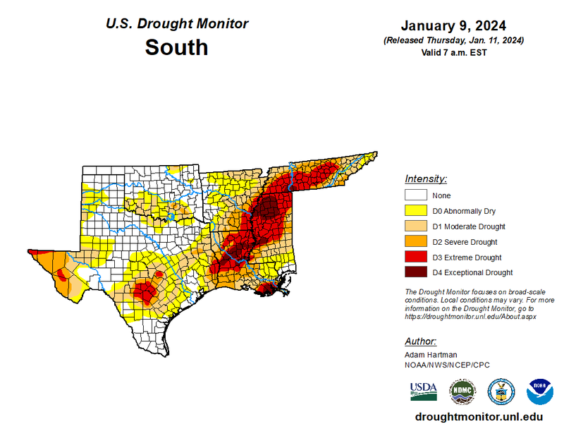 U.S Drought Monitor for the Southern Climate Region, Valid January 9th