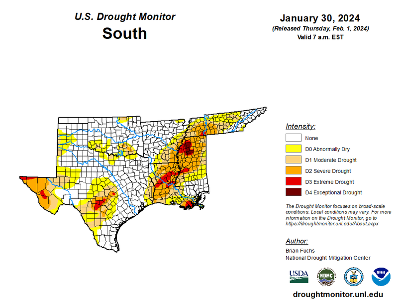 U.S Drought Monitor for the Southern Climate Region, Valid January 30th