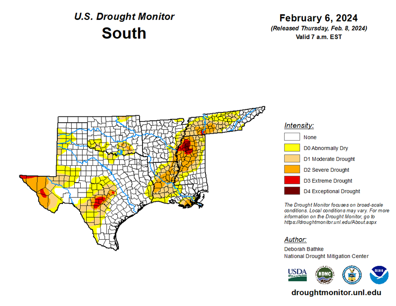 Southern Region Drought Monitor, Valid February 6, 2024
