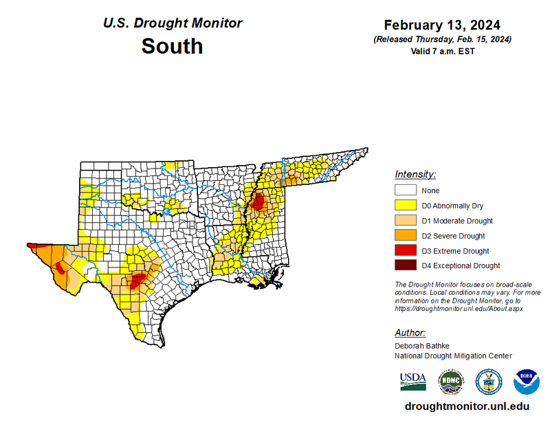 U.S Drought Monitor for the Southern Climate Region, Valid February 13th