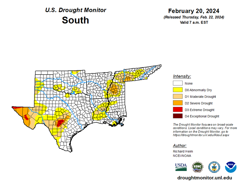 U.S. Drought Monitor for the Southern Region for February 20, 2024