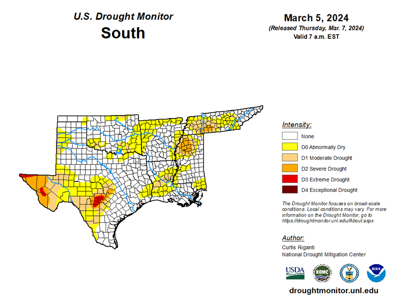 U.S. Drought Monitor for the Southern Region March 5, 2024