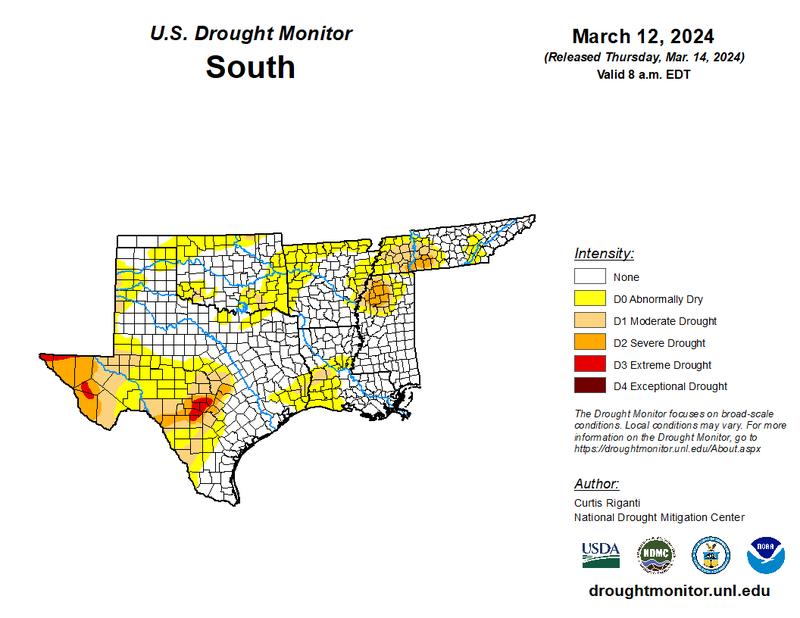 U.S. Drought Monitor for the Southern Region for March 12, 2024
