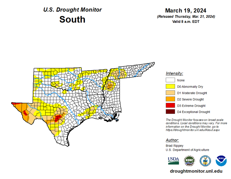 U.S. Drought Monitor for the Southern Region for March 22, 2024