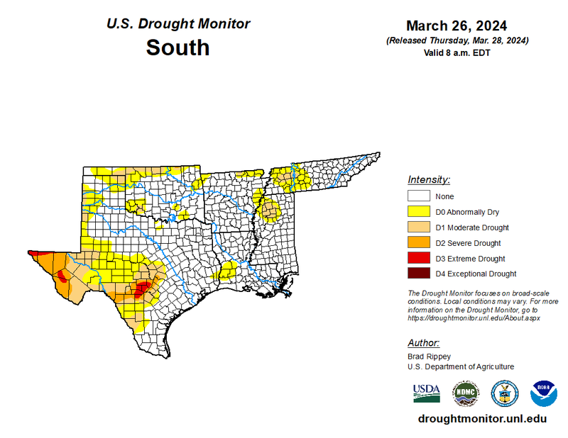 U.S. Drought Monitor for the Southern Region valid March 26, 2024