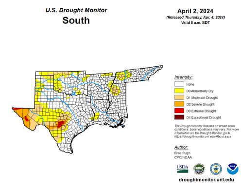 U.S. Drought Monitor for the Southern Region for March 4th, 2024