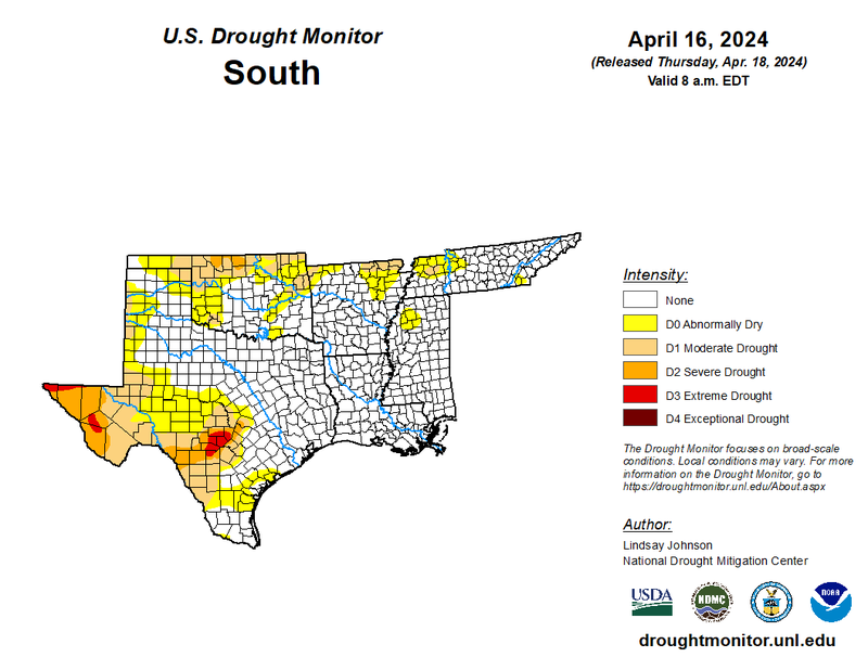 U.S. Drought Monitor for the Southern Region for April 16th, 2024