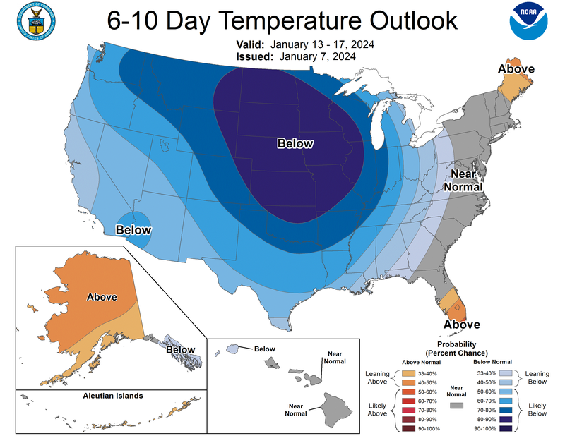 Map displaying Climate Prediction Center&#x27;s 6-10 Day Temperature Outlook