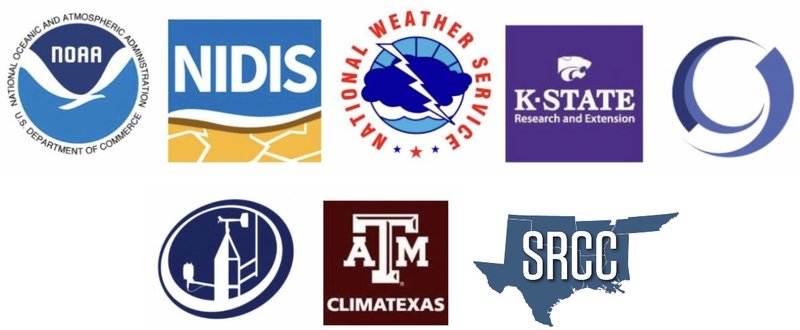 Image containing logos for NOAA, NIDIS, NWS, K-STATE, CLIMATEXAS, the SRCC, etc.