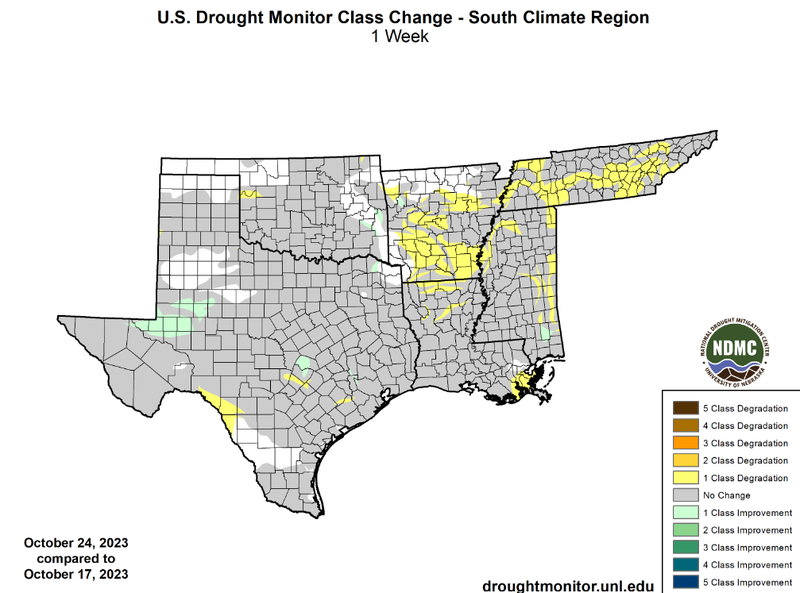 U.S Drought Monitor Class Change Map for Southern Climate Region, Valid October 24th