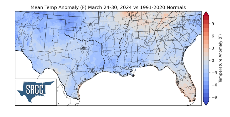Mean Temp Anomaly (F) March 24 - 30, 2024 vs 1990-2020 Normals