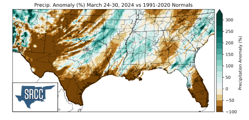 Precipitation Anomaly % March 24-30, 2024 vs 1990-2020 Normals