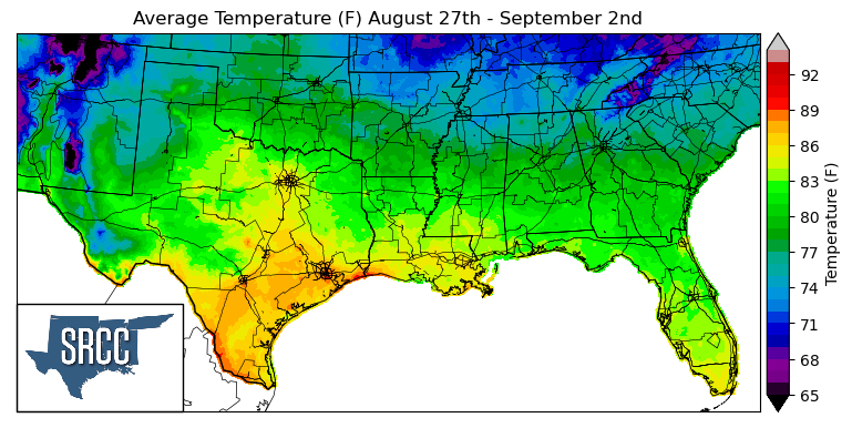 Graphic showing the average temperature across the Southern Region for August 27th - September 2nd