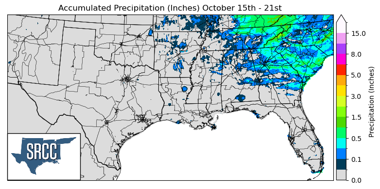 Graphic showing the accumulated precipitation across the Southern Region for October 15th - 21st