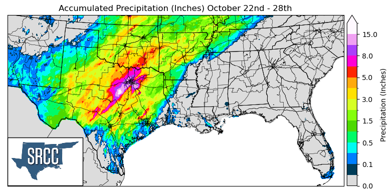 Graphic showing the accumulated precipitation across the Southern Region for October 22nd - 28th