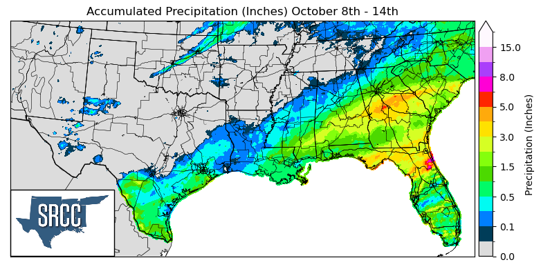 Graphic showing the accumulated precipitation across the Southern Region for October 8th - 14th