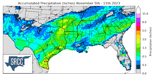 Graphic showing the accumulated precipitation across the Southern Region for November 5th - 11th