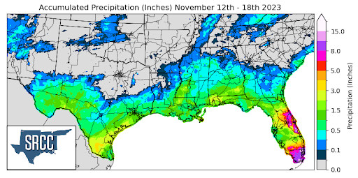 Graphic showing the accumulated precipitation across the Southern Region for November 12th - 18th