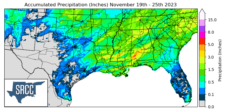 Graphic showing the accumulated precipitation across the Southern Region for November 19th - 25th