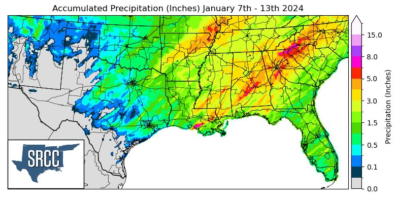 Graphic showing the accumulated precipitation across the Southern Region for January 7th - 13th