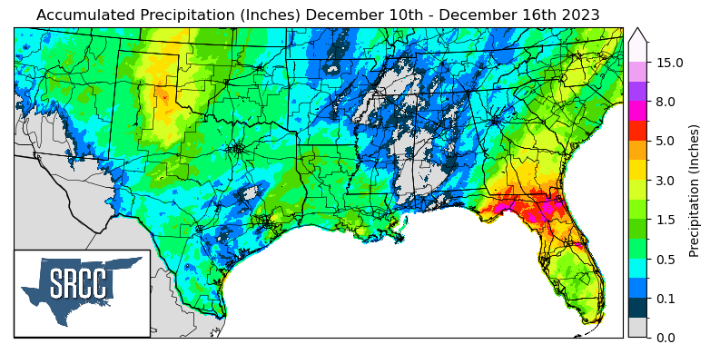 Graphic showing the accumulated precipitation across the Southern Region for December 10th - 16th