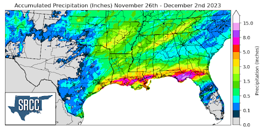 Graphic showing the accumulated precipitation across the Southern Region for November 26th - December 2nd
