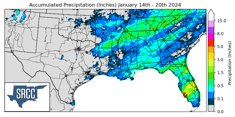 Graphic showing the accumulated precipitation across the Southern Region for January 14th - 20th