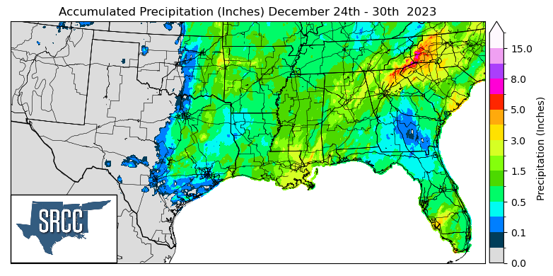 Graphic showing the accumulated precipitation across the Southern Region for December 24th - 30th