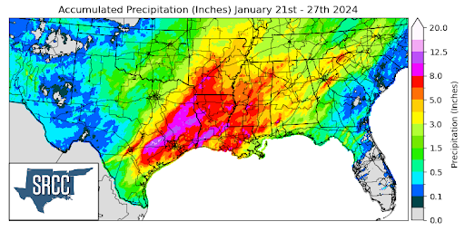 Graphic showing the accumulated precipitation across the Southern Region for January 21st - 27th