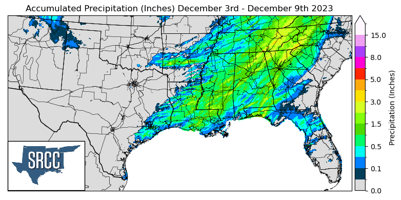 Graphic showing the accumulated precipitation across the Southern Region for December 3rd - 9th
