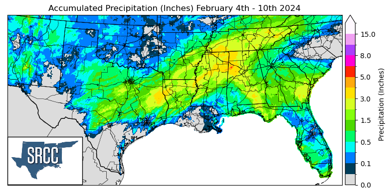 Graphic showing the accumulated precipitation across the Southern Region for February 4th - 10th