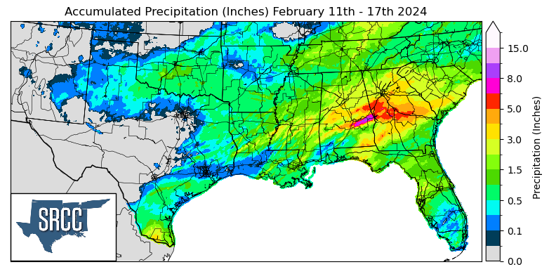 Graphic showing the accumulated precipitation across the Southern Region for February 11th - 17th