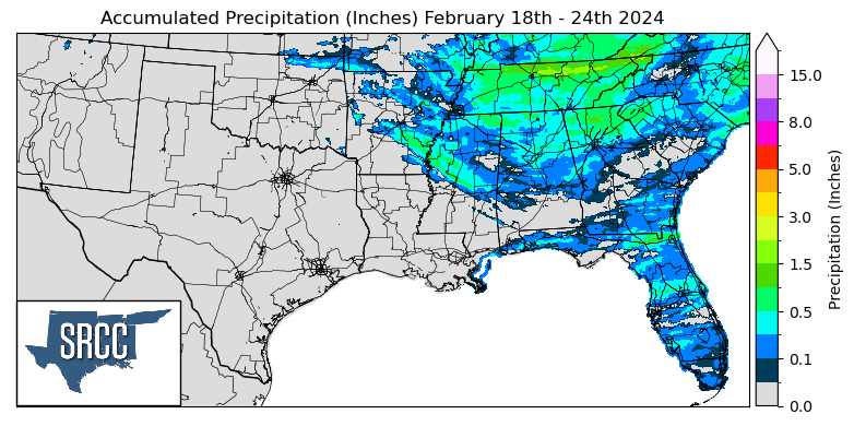 Graphic showing the accumulated precipitation across the Southern Region for February 18th - 24th