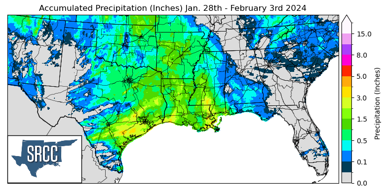Graphic showing the accumulated precipitation across the Southern Region for January 28th - February 3rd