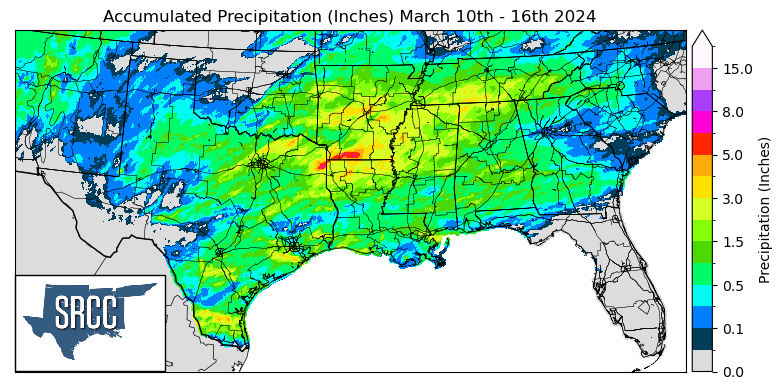 Graphic showing the accumulated precipitation across the Southern Region for March 10th - 16th